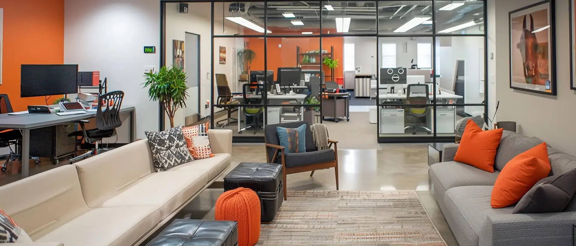 Open-plan office fitout with warm accents